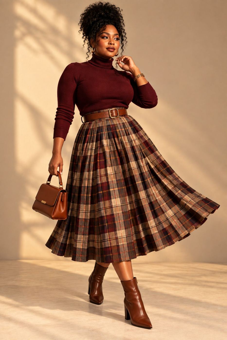 Look 1: pleated plaid midi skirt, burgundy merino turtleneck, cognac leather ankle boots and shoulder bag