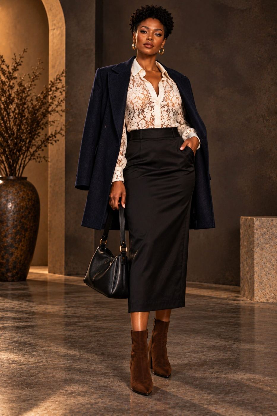 Look 4: optic-white lace blouse, black midi skirt, midnight-navy wool blazer draped over the shoulders, brown suede ankle boots and black leather shoulder bag